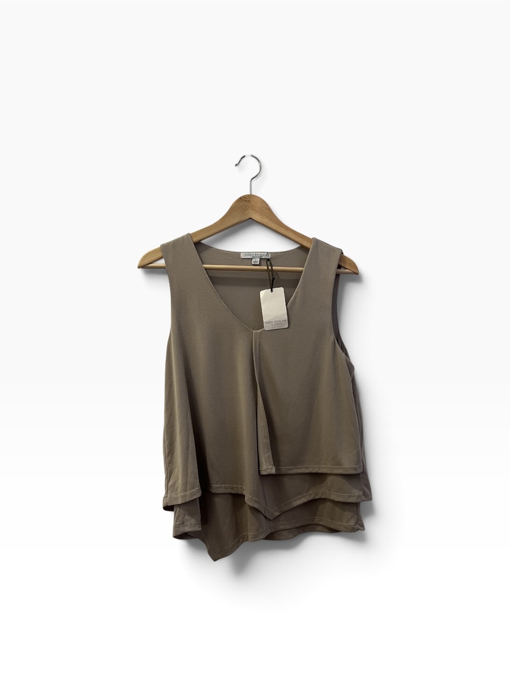 NWT Green Envelope Layered Asymmetrical Draped V Neck Top Taupe/Mushroom size S